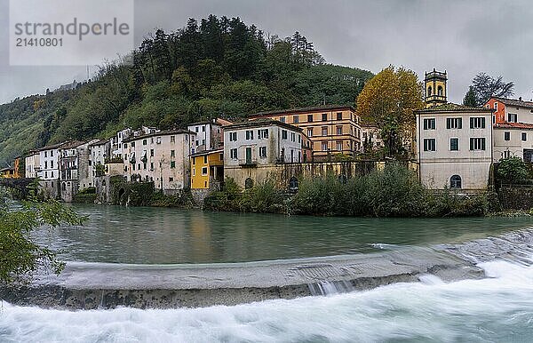 Bagni di Lucca  Italy  11 November  2023: view of Bagni di Lucca village and the river Lima in Tuscany  Europe