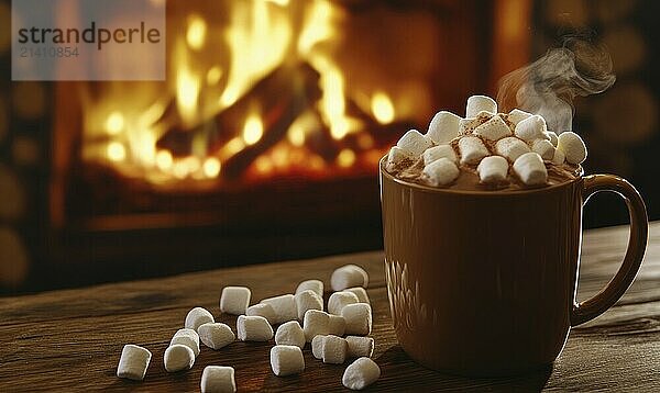 A mug of hot chocolate with marshmallows on a table next to a fireplace. The scene conveys a cozy and warm atmosphere  perfect for a cold winter day AI generated