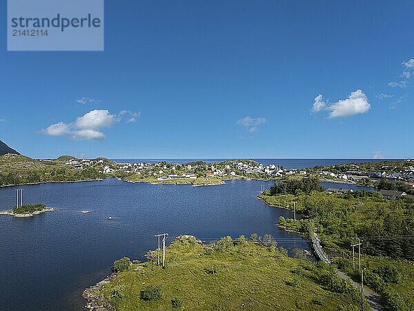 Aerial view  view from Munkebu-stig to the lake Sorvagvatnet  in the background the Vestfjord  Sorvagen  Lofoten  Norway  Europe