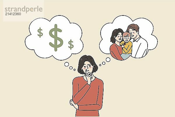 Confused young woman think of life plan  make choice between money and motherhood. Frustrated female choose between career and family. Flat illustration  cartoon character