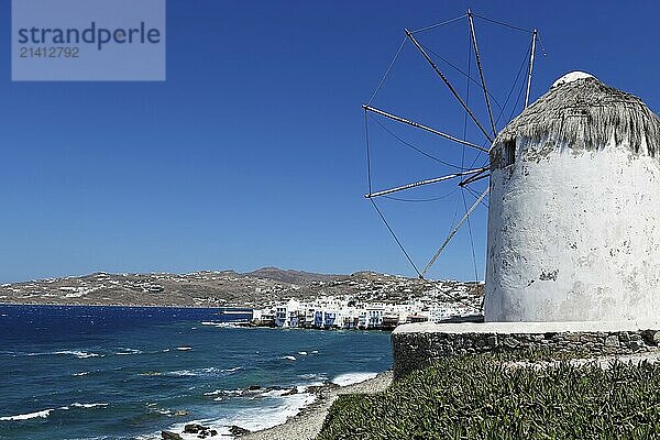 The little Venice behind the famous windmills of Mykonos  Greece  Europe