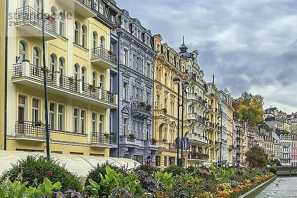 Street with beautiful historical houses in Karlovy Vary city center  Czech republic