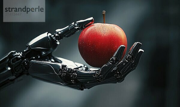 Robot fingers gently holding an apple AI generated