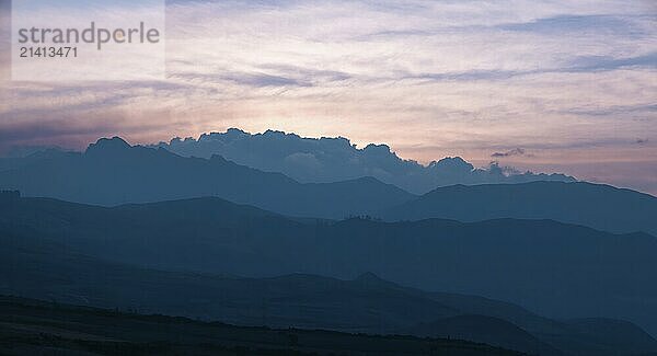 Sacred Valley Valle Sagrado scenic Andes mountains at sunset in Cusco  Peru.