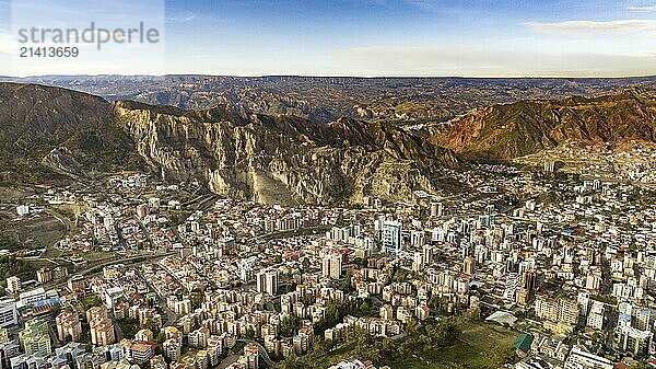 La Paz  Bolivia  aerial view flying over the dense  urban cityscape. San Miguel  southern distric. South America  South America