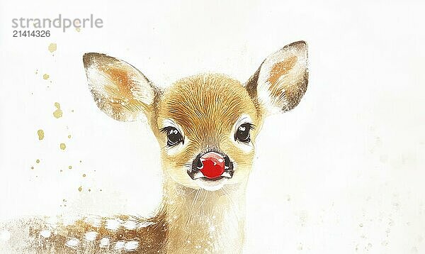 A cute little deer with a red nose is staring at the camera. The image has a playful and whimsical mood  as the deer's red nose adds a touch of humor to the scene AI generated