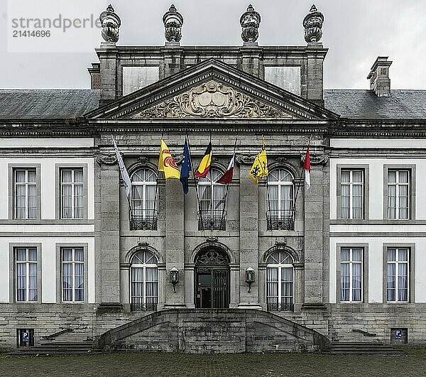 Tournai Doornik  Walloon Region  Belgium  08 14 2019 Neo classical facade and entrance of the Saint Martin abbey  Europe