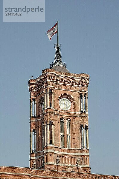 Close-up of the Rotes Rathaus with clock and flag on the roof  Berlin  Germany  Europe