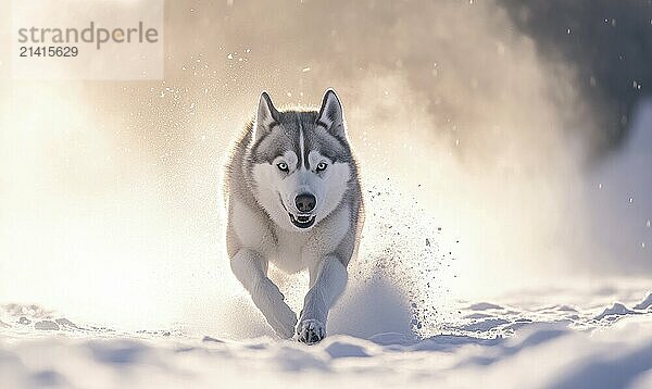 A dog is running through the snow with its mouth open. The dog appears to be happy and playful AI generated