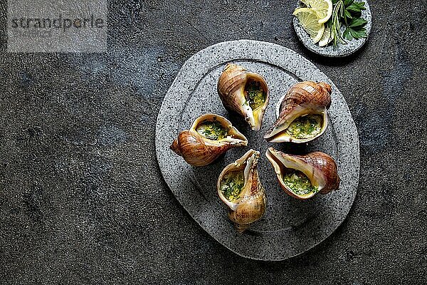 Food  Food  Chilean giant snails with butter  garlic and herbs on gray stone plate. escargot from pacific ocean