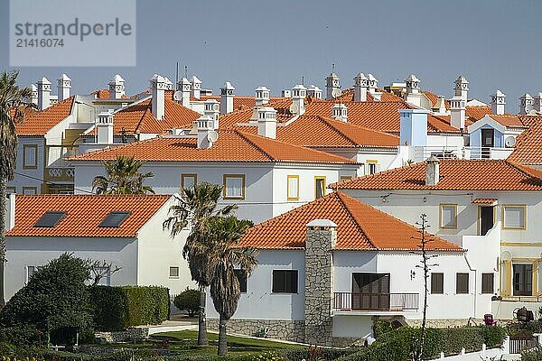 Tiled roofs of small town houses in Portugal at sunny day