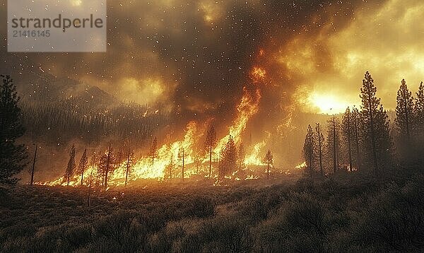 A wildfire blazing through a forested area  flames climbing high into the trees AI generated