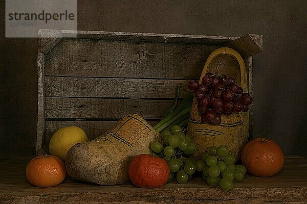 Still life with a wooden box with old dutch worn out wooden shoes and various fruits