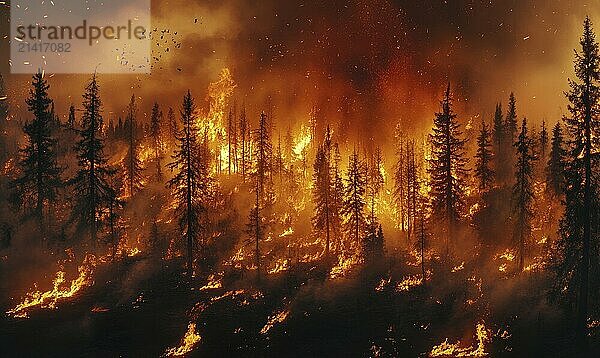 Flames engulfing a forest of tall pine trees  the fire spreading quickly through the dry underbrush AI generated