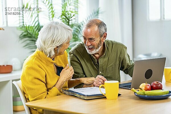 Happy senior caucasian couple doing accountability realizing of good home finances