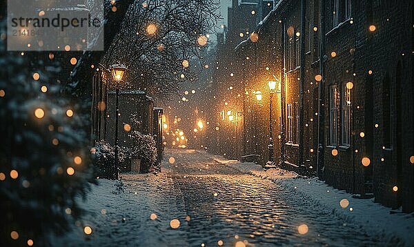 A snowy street with lights on and snow falling. The street is empty and quiet. The snow is falling in a way that it looks like it's sparkling AI generated