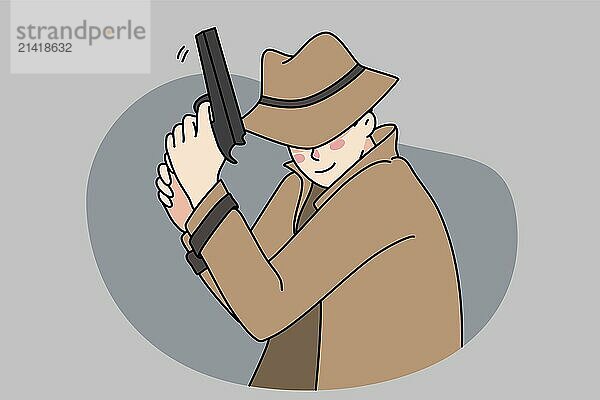 Male detective in coat and hat holding gun spying for criminal or suspect. Man spy or police officer undercover pursue offender with firearm. Private agent work. illustration