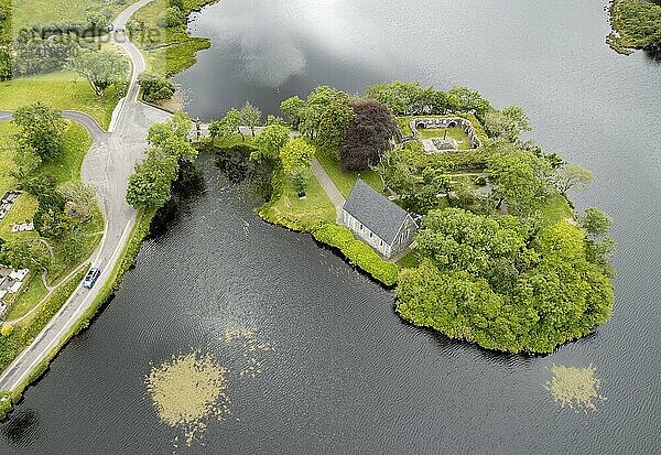 Aerial drone photo of St. Finbarr oratory Church  Gougane Barra  cork West Ireland