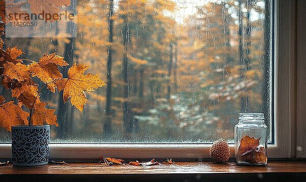 Warm interior  panoramic window  overlooking rainy autumn landscape AI generated