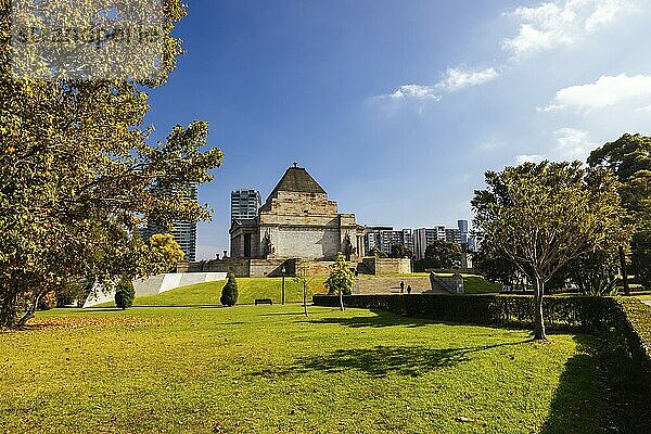 The Shrine of Remembrance and surrounding parklands and gardens during autumn at the Royal Botanic Gardens Victoria in melbourne  Victoria  Australia  Oceania