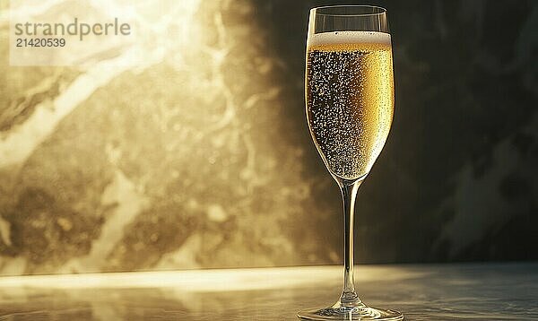 A glass of champagne is sitting on a table. The glass is full and the bubbles are rising to the top. Concept of celebration and enjoyment  as the champagne is a popular drink for special occasions AI generated