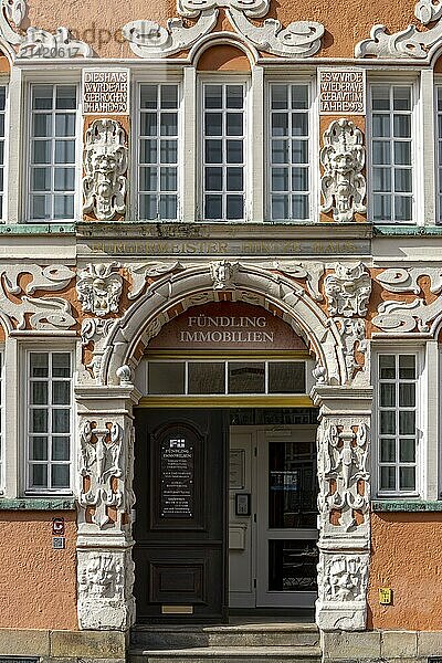 Detail of the entrance to the historic Mayor Hintze House from the Weser Renaissance façade in the old town of Stade on the waterfront  on the banks of the Old Hanseatic Harbour in the old town of Stade  Hanseatic City of Stade  Lower Saxony  Germany  Europe