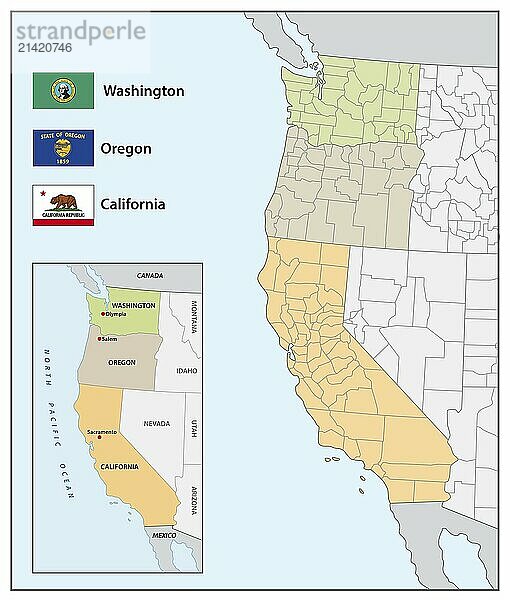 Administrative map with flags of the US American wester coast states