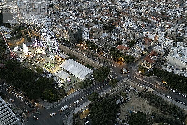 Aerial drone photograph of cityscape of Nicosia in Cyprus at sunset. European capital cities