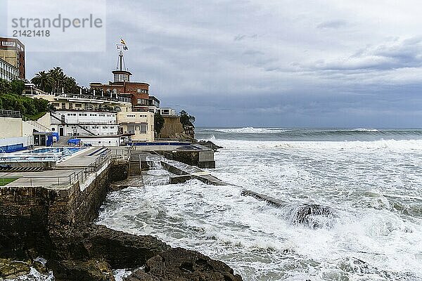 Gijon  Spain  March 28  2024: The Harbour of Gijon  Asturias  with stormy sea in Royal Regatta Club  Europe