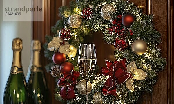 Festive Christmas wreath with red bows and holiday lights  paired with champagne bottles on a wooden backdrop AI generated