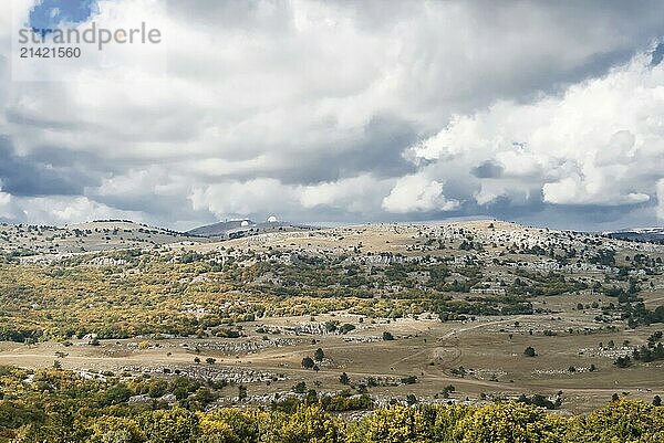 Sunny and cloudy landscape in the mountains  Crimea  Ukraine  Europe