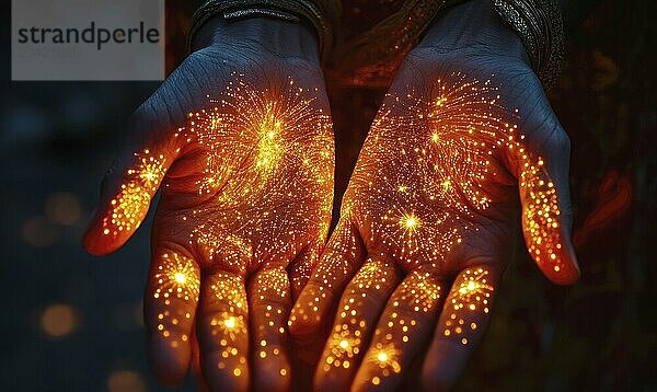 Hands adorned with glowing celestial patterns  illuminated gently by warm orange light AI generated