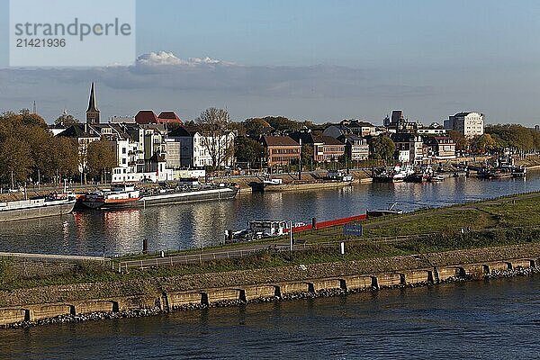 View of Ruhrort harbour and Mercatorinsel  Duisburg-Ruhrort  North Rhine-Westphalia  Germany  Europe