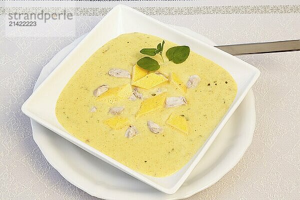 Swabian cuisine  brain soup with egg garnish  offal  calf's brain  regional  soup served in a bowl  home cooking  typical Swabian  traditional cuisine  food photography  studio  Germany  Europe