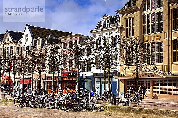 Leiden  Netherlands  April 7  2016: Traditional houses  street view and bicycles in Holland