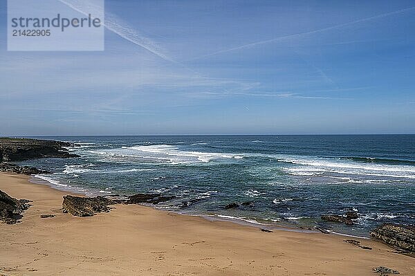 A wide sandy beach with gentle waves under a clear blue sky  Praia de Arriba  Portugal  Europe