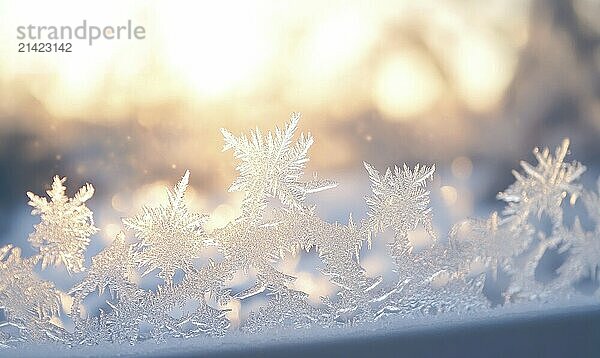 A snowflake is shown in the foreground of a snowy scene. The snowflake is surrounded by other snowflakes  creating a beautiful and serene winter landscape. Concept of calm and tranquility AI generated