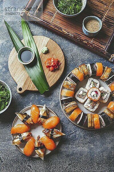 Food  Food  Sushi and rolls sets. Japonese food. top view