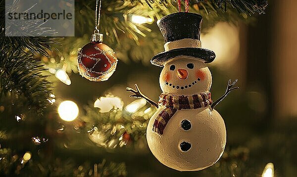 A snowman ornament hangs on a Christmas tree. The snowman is wearing a red scarf and a black hat AI generated