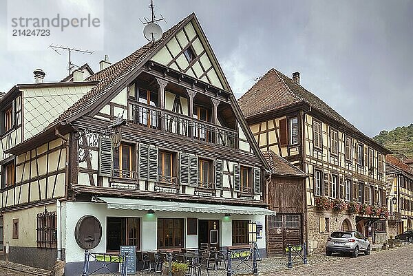 Street with historical half-timbered houses in Kaysersberg  Alsace  France  Europe