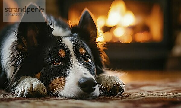 Collie lying down in front of a fireplace  cozy indoor setting AI generated