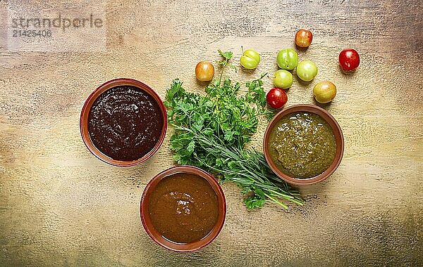 Set of tkemali sauces  three types of tkemali sauce  in ceramic bowls  top view  Georgian cuisine  no people