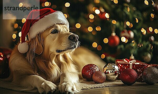 A dog is laying on the floor in front of a Christmas tree. The dog is wearing a Santa hat AI generated