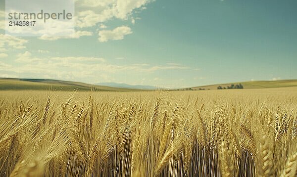 Closeup view on wheat field  golden stalks AI generated