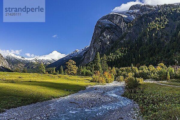 Brook  mountain landscape  maple trees  snow-covered mountains  sunny  autumn  Großer Ahornboden  Karwendel Mountains  Tyrol  Austria  Europe