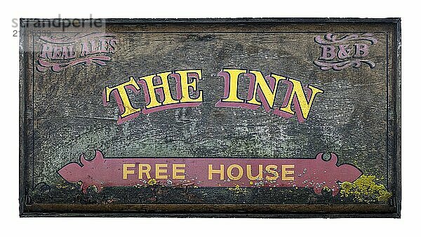 Rustic Old Sign For A Traditional (Not Real) Inn And Pub In England  Isolated On A White Background