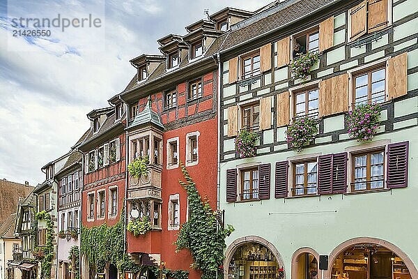 Street with historical houses in Riquewihr  Alsace  France  Europe