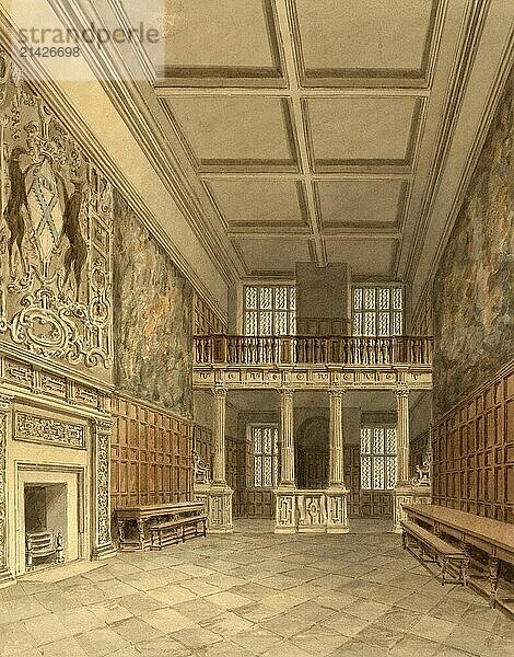 Interior view of the hall at Hardwick Hall in Derbyshire  England  digitally restored reproduction of a 19th-century original by John Buckler  Record date not stated  Interior View of the hall at Hardwick Hall in Derbyshire  digitally restored reproduction of a 19th-century original  Record date not stated