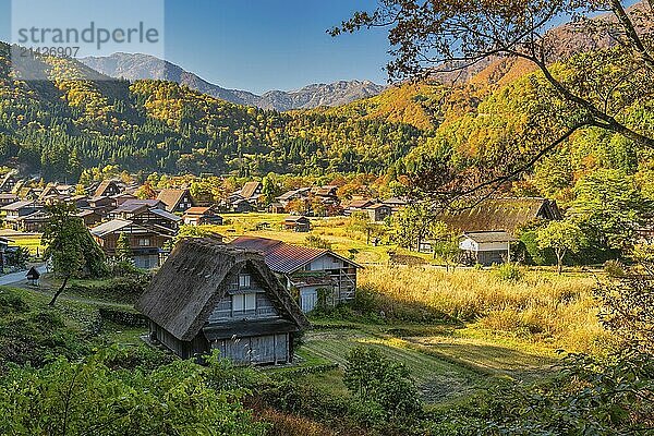 Shirakawago village Gifu Japan  Historical Japanese traditional Gassho house at Shirakawa village in autumn foliage season