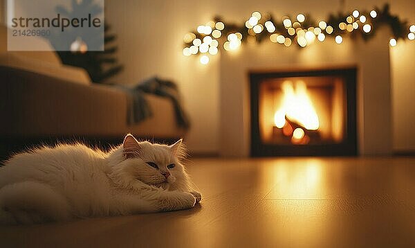 A white cat is laying on the floor in front of a fireplace. The room is warm and cozy  with a Christmas tree in the background. The cat seems to be enjoying the warmth of the fire AI generated